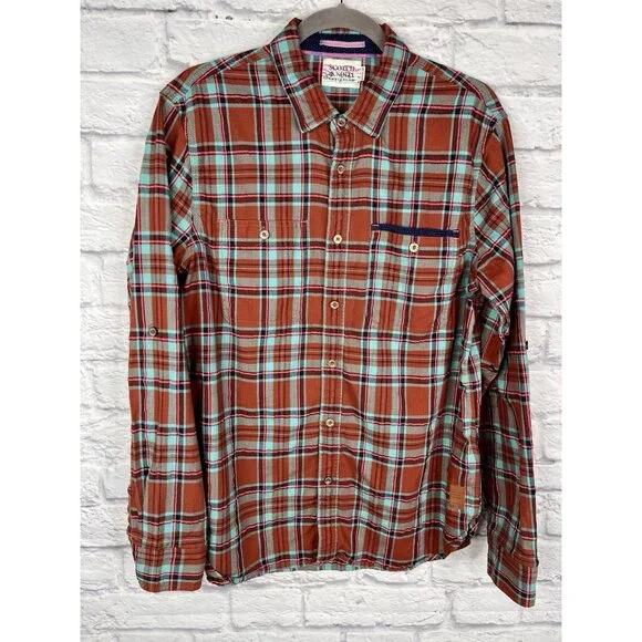 SCOTCH AND SODA AMSTERDAM Men's Burnt Orange Turquoise Plaid Button Down Large - Picture 1 of 6